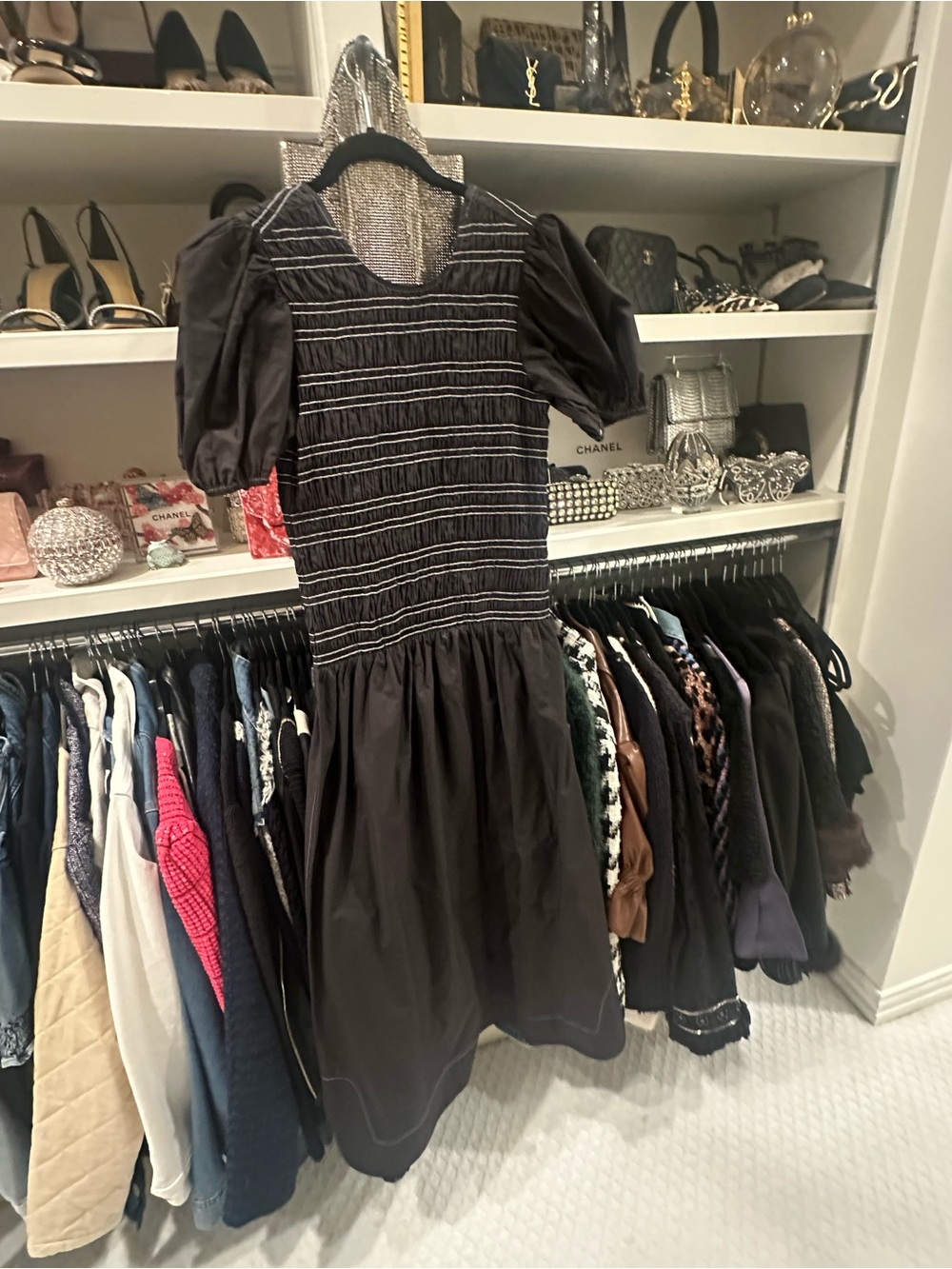 Ganni Black Dress with White Contrast Stitching
